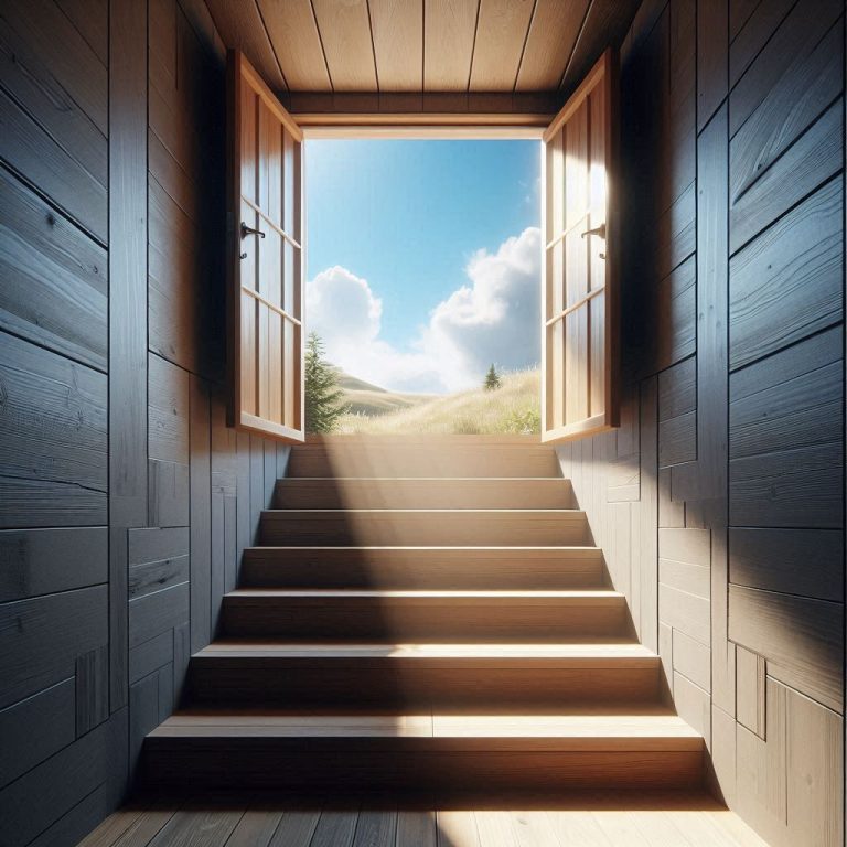 una escalera de madera sube hacia una ventana abierta en la que se ve un cielo azul lleno de luz