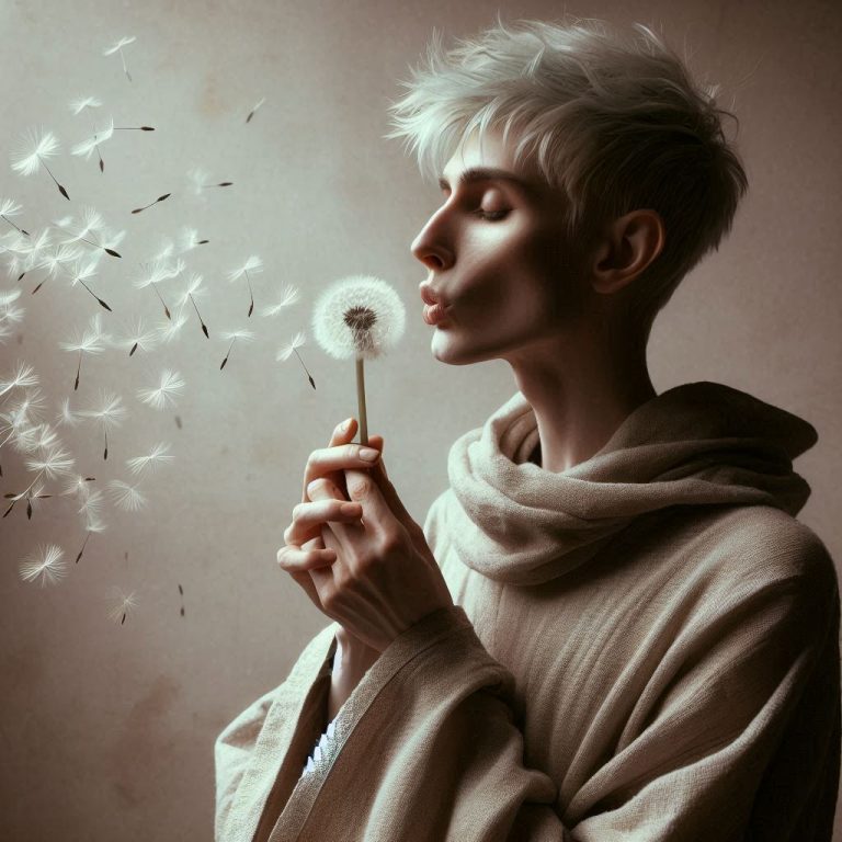 una persona androgina vestida con tunica suave mirando un diente de leon que sostiene en una mano ,l